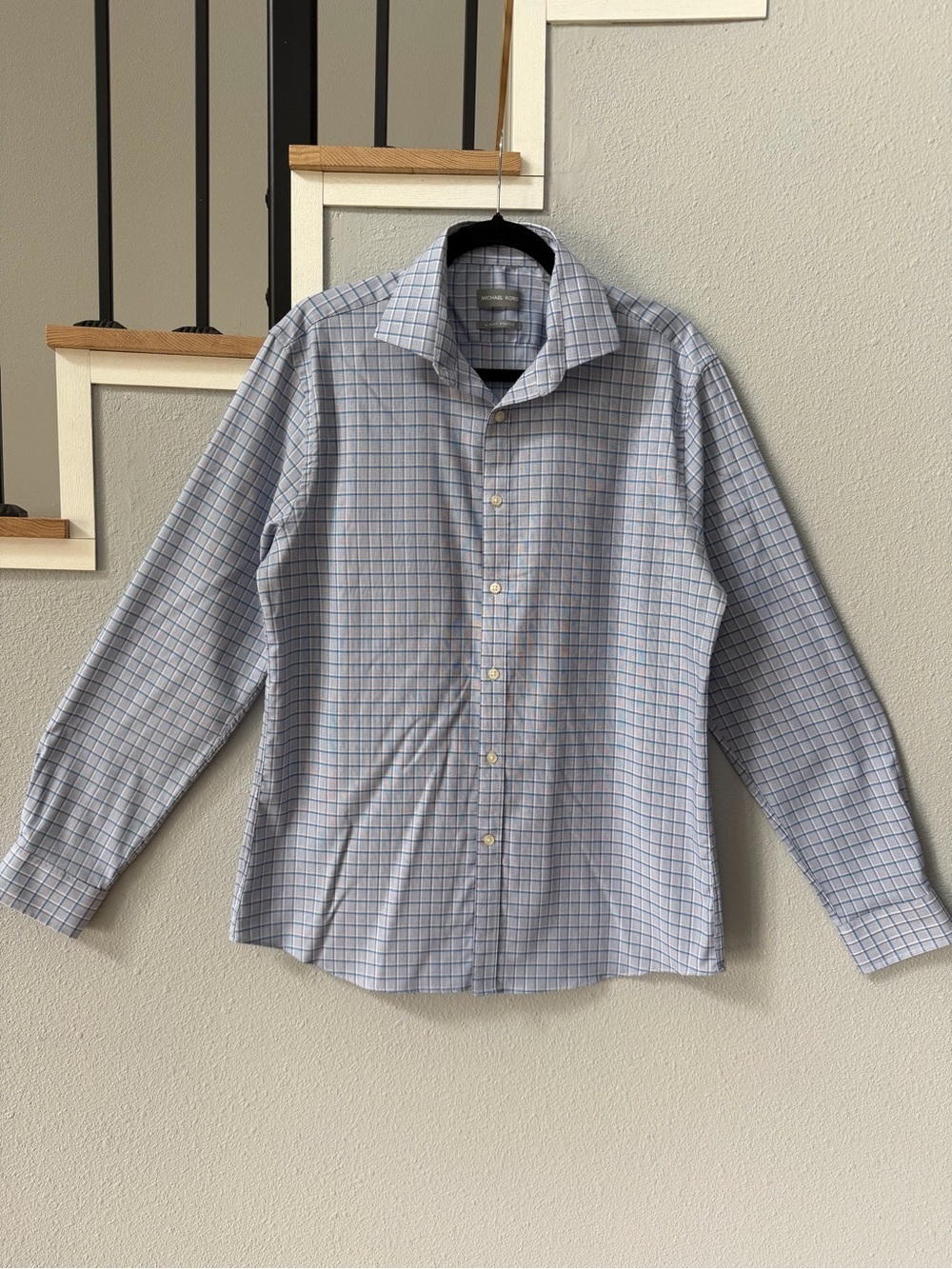 Michael Kors Slim Fit Stretch Plaid Dress Shirt Blue Gray 16.5 34/35 L
